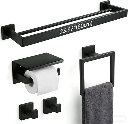 5-Piece Bathroom Hardware Set with 23.6" Double Towel Bar and Toilet Paper Holder Shelf, Wall Mounted Bathroom Accessories, Heavy Duty Stainless Steel Solid Metal, Modern Square Design, Matte Black