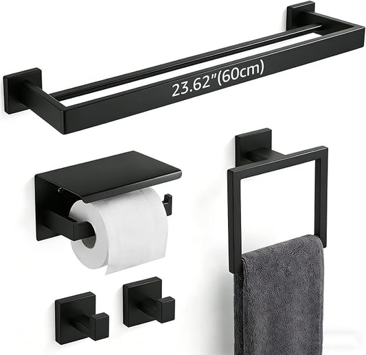 5-Piece Bathroom Hardware Set with 23.6" Double Towel Bar and Toilet Paper Holder Shelf, Wall Mounted Bathroom Accessories, Heavy Duty Stainless Steel Solid Metal, Modern Square Design, Matte Black