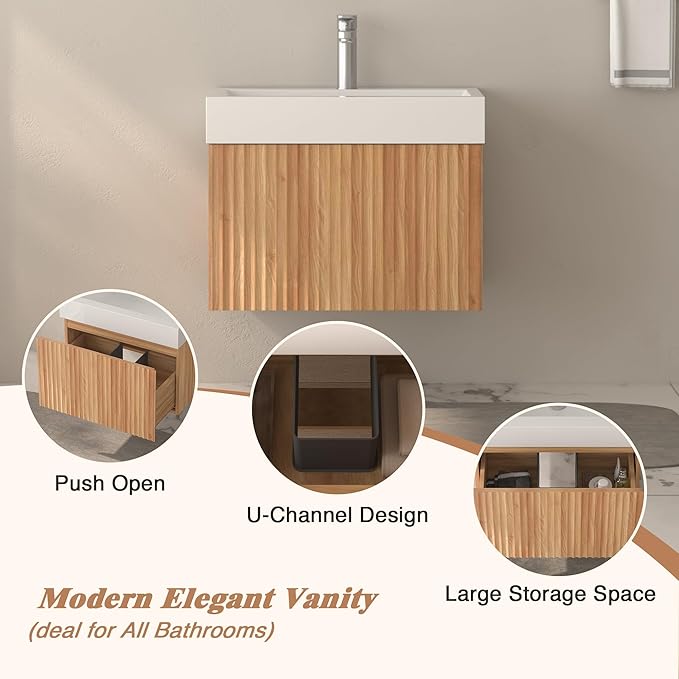 Floating Bathroom Vanity with Sink, Nature Soild Wood Cabinet with Ceramic Basin, Extra Large Storage Drawer & Pre-Assembled Vanities for Bathroom, Powder Room (Nature C Style, 24")