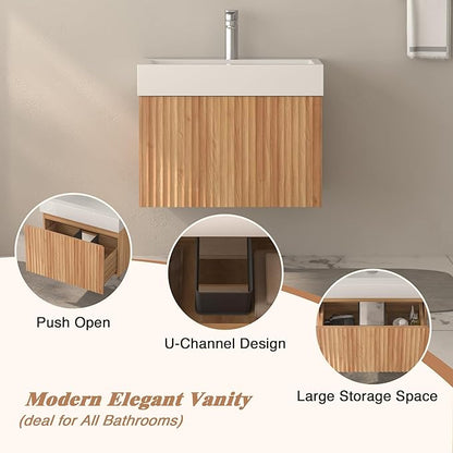 Floating Bathroom Vanity with Sink, Nature Soild Wood Cabinet with Ceramic Basin, Extra Large Storage Drawer & Pre-Assembled Vanities for Bathroom, Powder Room (Nature C Style, 24")