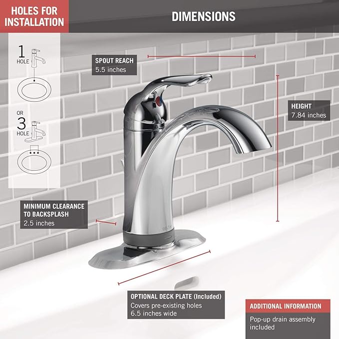 Delta Faucet Lahara Single Hole Bathroom Faucet with Touchless Technology, Chrome Bathroom Sink Faucet, Single Handle Bathroom Faucet, Bath Faucet, Push Pop-Up Drain, Chrome 538T-DST