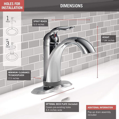 Delta Faucet Lahara Single Hole Bathroom Faucet with Touchless Technology, Chrome Bathroom Sink Faucet, Single Handle Bathroom Faucet, Bath Faucet, Push Pop-Up Drain, Chrome 538T-DST