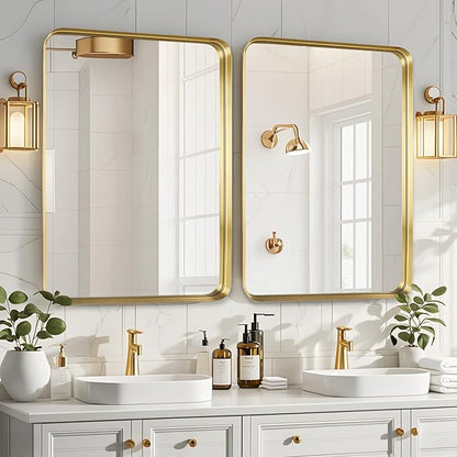 Fabuday Gold Bathroom Mirror 22x30 Inch - Rectangular Wall Mounted Mirror Over Sink, Brushed Metal Frame Bathroom Mirrors for Entryway Modern Farmhouse Decor, Horizontal or Vertical Hanging,