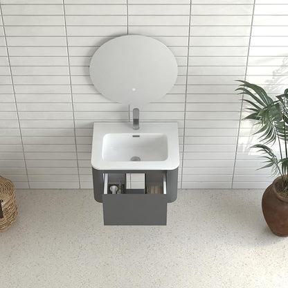 Floating Bathroom Vanity with Sink, Nature Soild Wood Cabinet with Ceramic Basin, Extra Large Storage Drawer & Pre-Assembled Vanities for Bathroom, Powder Room (Grey A Style, 24")