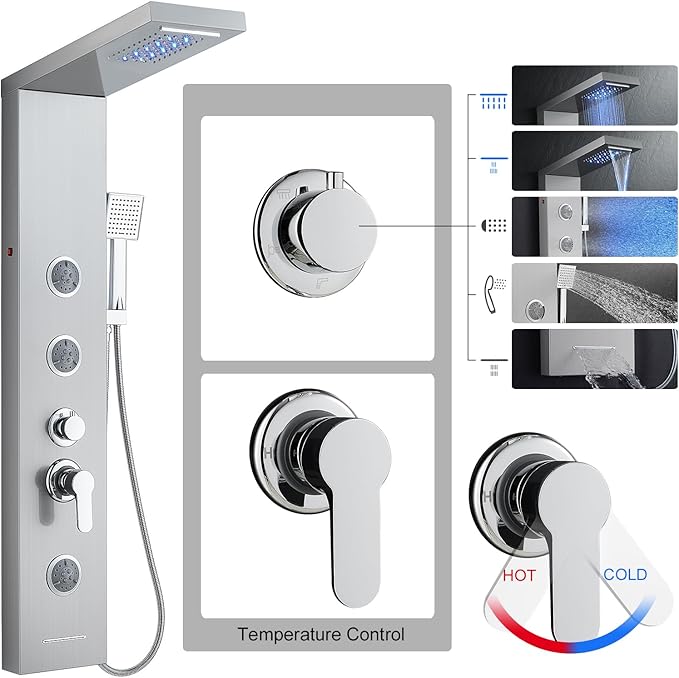 5 in 1 Shower Panel Tower System with LED Lights, Rainfall and Waterfall Shower Head, 3 Pcs Adjustable Body Jets, Handheld Shower, Tub Spout (Brushed Nickel)
