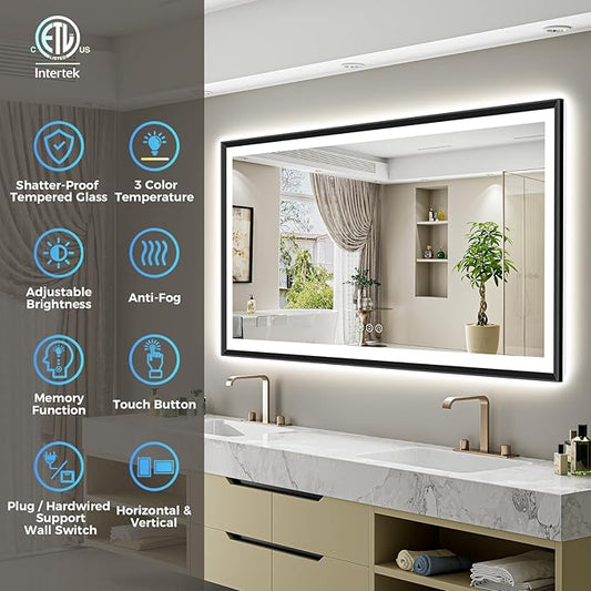 66x36 Black Framed LED Bathroom Mirror with Lights, Backlit and Front Light, Lighted Bathroom Vanity Mirror for Wall Dimmable Anti-Fog Memory Tempered Glass Horizontal/Vertical