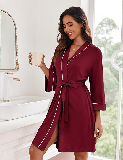 Ekouaer Women Kimono Robes Knee Length Knit Bathrobe Lightweight Soft Sleepwear V-neck Casual Ladies Loungewear