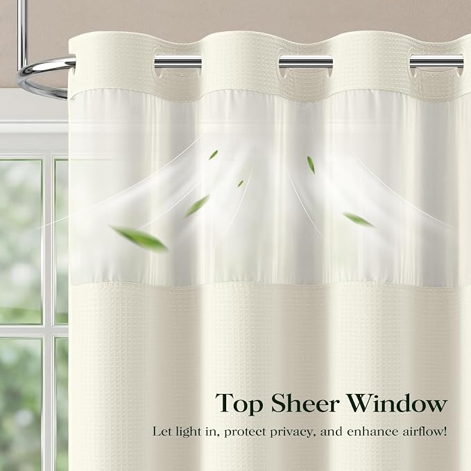 Cream Hook Free Waffle Shower Curtain & Snap-in Fabric Liner,72x81 | Less Time to install, 3 in 1 Fabric Shower Curtain and Liner Set with Magnets, Long, Shower Curtains for Bathroom