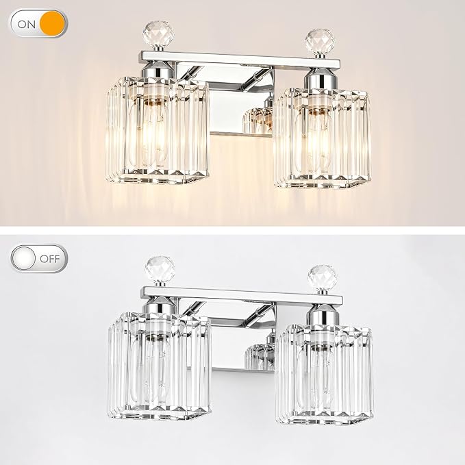 Lxybcce Modern 14In 2-Lights Bathroom Vanity Light, Crystal Bathroom Light Fixtures, Chrome Vanity Light Fixtures Over Mirror, Easy Installation & Shadow-Free Illumination for Bathroom Mirror Decor