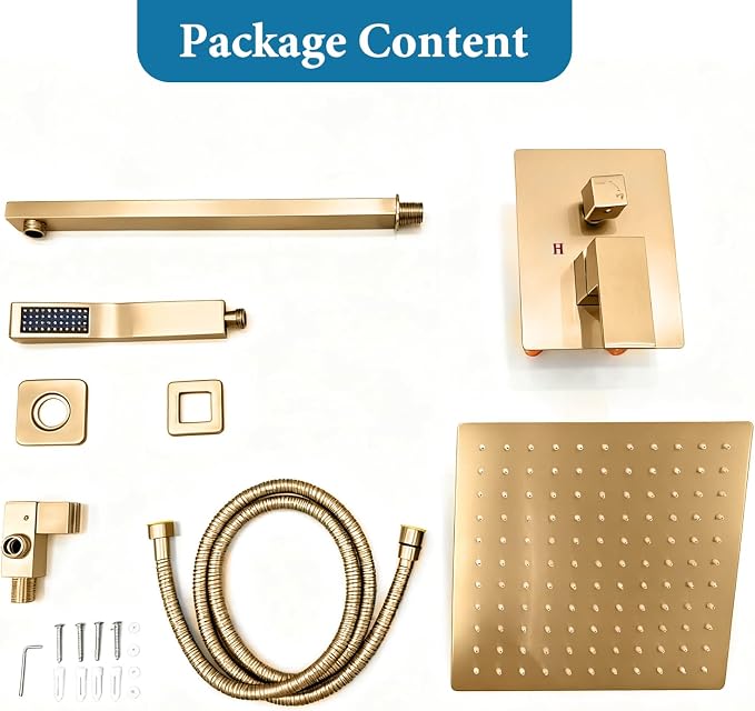 Brushed Gold Square Rainfall Shower Head Set with Handheld, 10" | Wall Mounted Bathroom Shower Faucet, 10 Inch Square Head, With Shower Valve, Rustproof Brushed Gold, High Pressure Raindrop