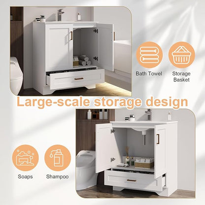 30 inch Bathroom Vanity with Sink, Modern White Vanity for Bathroom with Undermount Ceramic Sink, Freestanding 2-Door & 1-Drawer Storage Cabinet, for Small Bathroom Space, (White, 30")