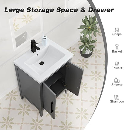 HomeBeyond 24 Inch Bathroom Vanity with Sink & Ceramic Top, Single Vanity Cabinet with Basin, Soft-Closing Doors & Matte Black Hardware, Grey
