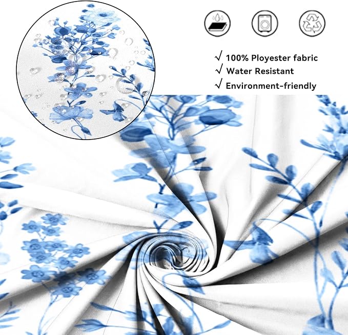 AWERT Small Half Size Stall Shower Curtain with Hooks Shower Stall Curtain 48 x 72 Light Blue Floral 48 inch for Bathroom/RV and Camper
