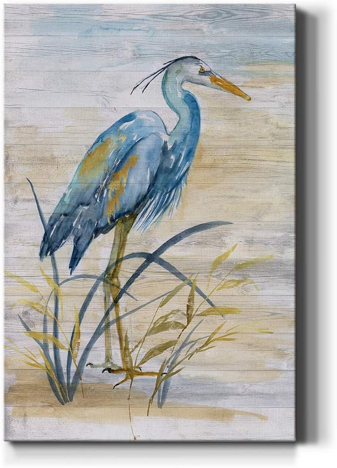 Renditions Gallery Canvas Animal Wall Art Modern Paintings & Prints Decorations Blue Resting Heron Abstract Nature Wall Hanging Artwork for Bedroom Living Room Office Kitchen - 18"x27" LT02