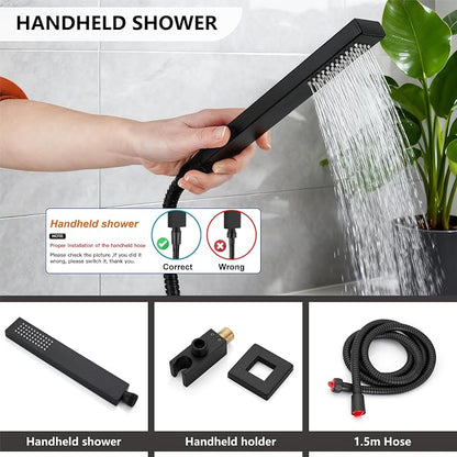 Midanya Shower System with Tub Spout,12 Inch Shower Head,Matte Black | with Valve & Trim Kit,Square Rain Head,Handheld Sprayer,Waterfall Spout,All Metal Wall Mount Bathroom Shower Tub Faucet Set