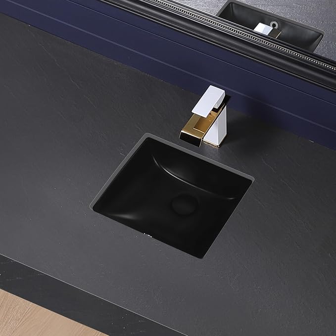 Small Black Undermount Bathroom Sink 14.4x12.7 Inch Vessel Sink Matte Black Bathroom Under Counter Lavatory Vanity Sink Basin Rectangular Porcelain Ceramic Undermount Sinks with Overflow