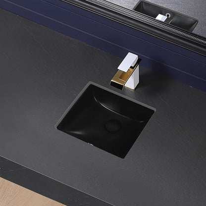 Small Black Undermount Bathroom Sink 14.4x12.7 Inch Vessel Sink Matte Black Bathroom Under Counter Lavatory Vanity Sink Basin Rectangular Porcelain Ceramic Undermount Sinks with Overflow