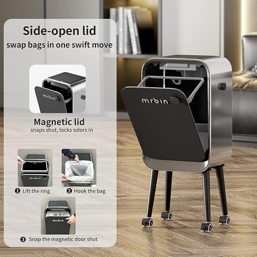 Mrbin Motion Sensor Bathroom Trash Can with Leg and Wheel, 5.5 Gal Tall Smart Waste Basket for Bedroom, Automatic Ozone Odor Purification Neutralizing, Touchless Butterfly Lid, Stainless Steel & Black