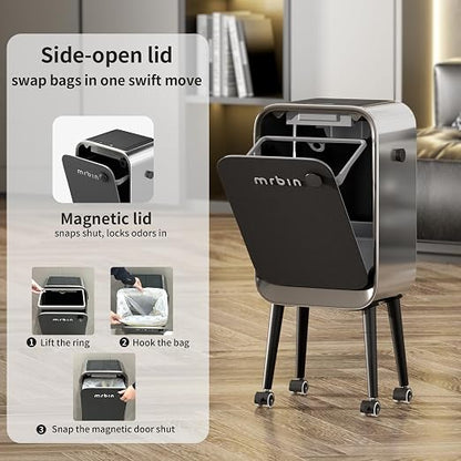 Mrbin Motion Sensor Bathroom Trash Can with Leg and Wheel, 5.5 Gal Tall Smart Waste Basket for Bedroom, Automatic Ozone Odor Purification Neutralizing, Touchless Butterfly Lid, Stainless Steel & Black
