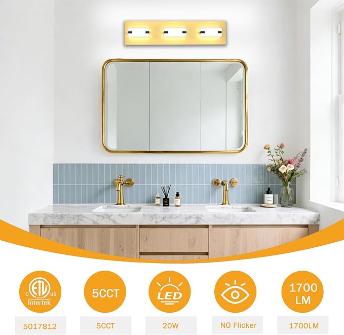 LED Bathroom Light Fixtures, 3-Light Modern Vanity Lights with Milky White Frosted Acrylic Shades, Gold Bathroom Lighting Fixtures Over Mirror, ETL Listed, 20W 5CCT Adjustable