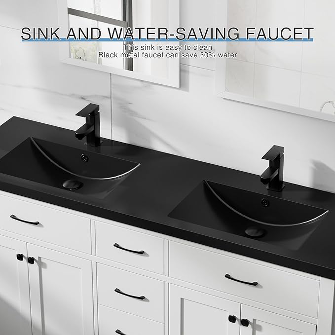 LUCKWIND 60" Bathroom Vanity and Black Sink Combo, Painted Modern Bathroom Storage Cabinet with Double Large Black Sink, Four Doors and Three Drawers, Include Faucet, Without Mirror, White