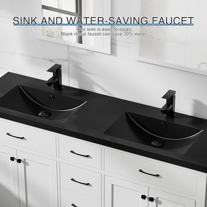 LUCKWIND 60" Bathroom Vanity and Black Sink Combo, Painted Modern Bathroom Storage Cabinet with Double Large Black Sink, Four Doors and Three Drawers, Include Faucet, Without Mirror, White