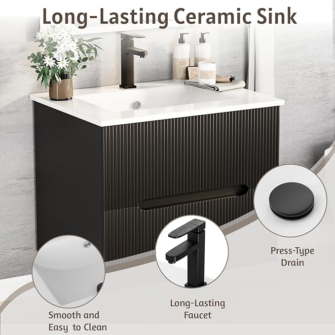 EROMMY 24 Inch Bathroom Vanity with Sink, Floating Bathroom Vanity with Ceramic Basin, Wall Mounted Bathroom Sink Cabinet Set with Soft-Close 2 Drawers, Faucet & Pop Up Drain, Black