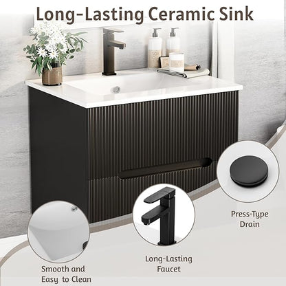 EROMMY 24 Inch Bathroom Vanity with Sink, Floating Bathroom Vanity with Ceramic Basin, Wall Mounted Bathroom Sink Cabinet Set with Soft-Close 2 Drawers, Faucet & Pop Up Drain, Black