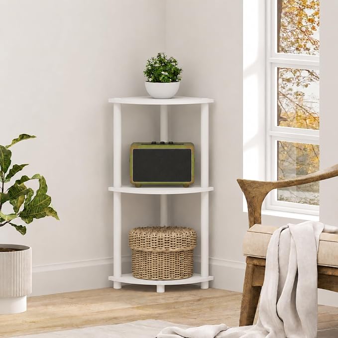 Furinno Turn-N-Tube Toolless Assembly 3-Tier Corner Shelf, Corner Book Shelf, Open Shelves Bookshelf, for Organization and Storage, Living Room, Home Office, Bedroom, Plain White