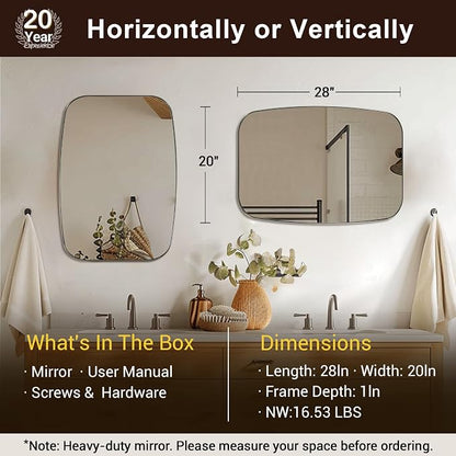 Oval Mirror for Bathroom, 20x28 Brushed Nickel Oblong Bathroom Mirror for Vanity with Stainless Steel Metal Frame, Modern Anti Rust Wall Mounted