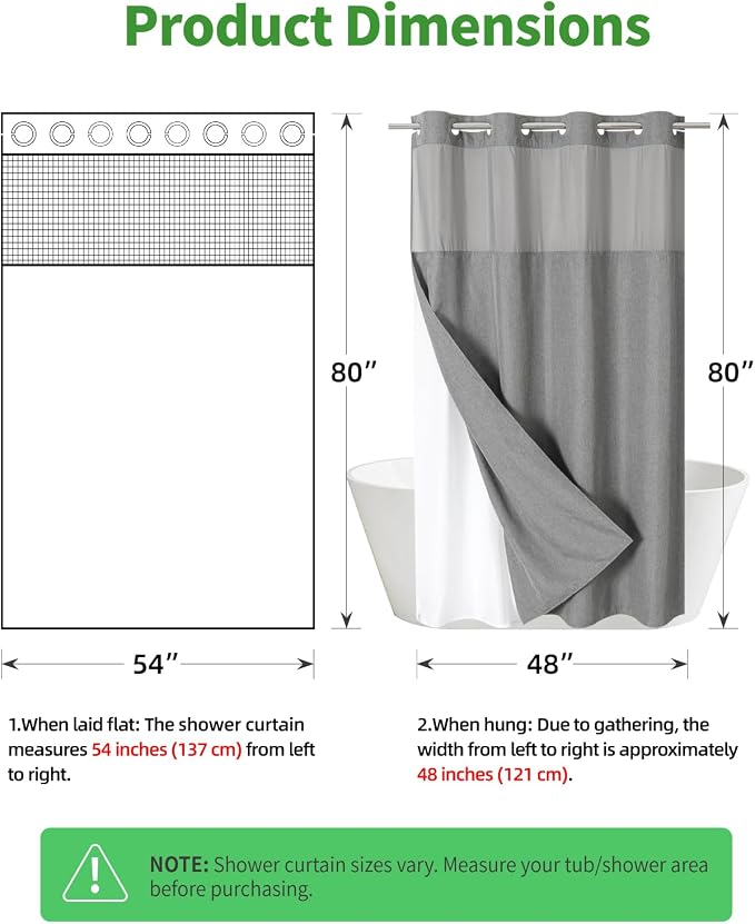 eachope No Hook Linen Texture Shower Curtain with Snap-in Liner,54x80 Grey | 230GSM Thick Fabric,Hotel Luxury Decor,Mesh Top Window,Waterproof & Machine Washable,for Shower Stall or Bathroom