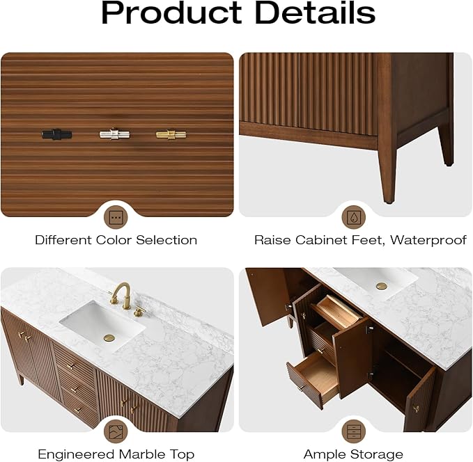 Vanity Art 60 inch Walnut Bathroom Vanity with Single Sink & Ceramic Top, Vanity Cabinet with Soft-Closing Door, Solid Wood Frame, Linear Pattern, Walnut, VA9160-SWalnut-MB,Matte Black Handles