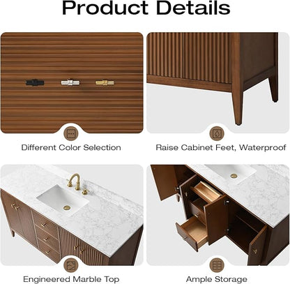 Vanity Art 60 inch Walnut Bathroom Vanity with Single Sink & Ceramic Top, Vanity Cabinet with Soft-Closing Door, Solid Wood Frame, Linear Pattern, Walnut, VA9160-SWalnut-MB,Matte Black Handles