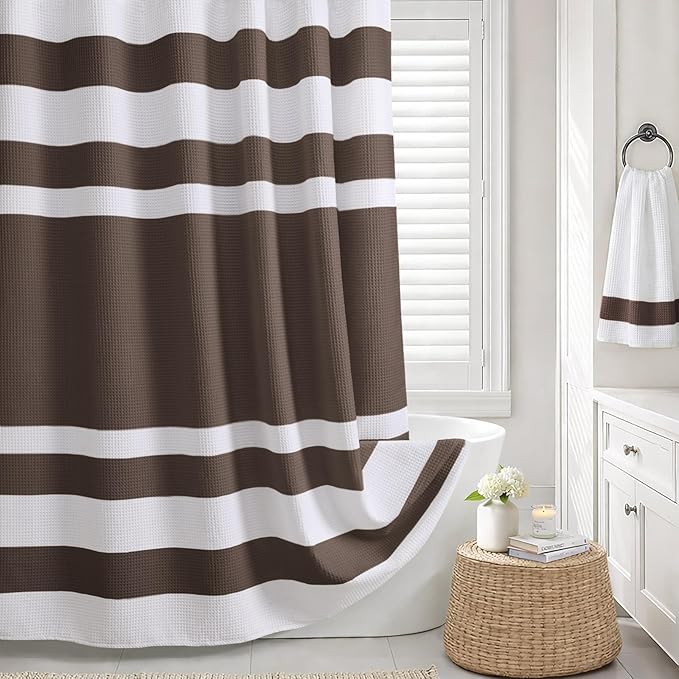 Brown Cotton Shower Curtain Cotton Waffle Stripe Shower Curtains for Bathroom 72"x72"