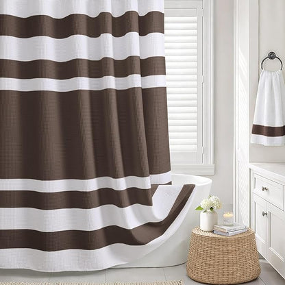 Brown Cotton Shower Curtain Cotton Waffle Stripe Shower Curtains for Bathroom 72"x72"