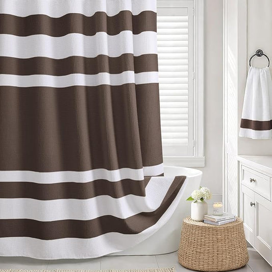 Brown Cotton Shower Curtain Cotton Waffle Stripe Shower Curtains for Bathroom 72"x72"