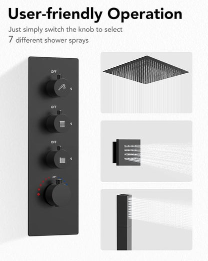 64 Color LED Mood Lighting Rainfall Shower System, 20" Ceiling Mount Bathroom Shower Faucet Set (Matte Black)