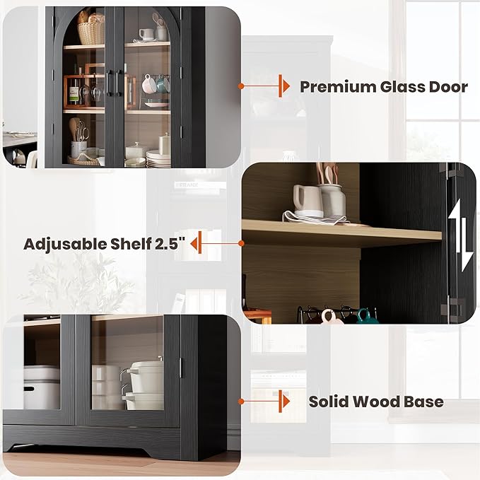 Garvee 70" Tall Kitchen Pantry Cabinet - Modern Display Cabinet with 4 Arched Glass Doors and Adjustable Shelves, Versatile Cupboard Organizers for Kitchen, Dining Room, Living Room, Bathroom, Black