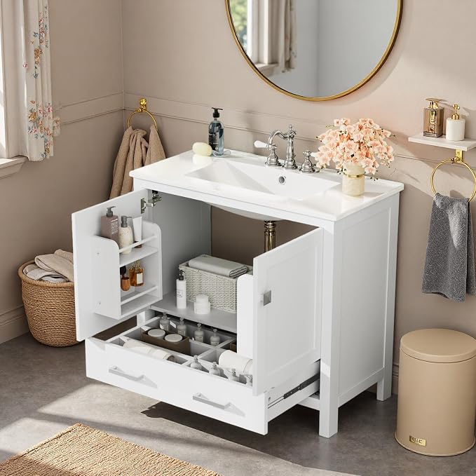 36" Freestanding Bathroom Vanity with Sink, Floor Stand Bathroom Storage Cabinet with Ceramic Sink, Doors with Double-Layered Storage Shelves, Modern Compact Vanity with Divided Drawer, White
