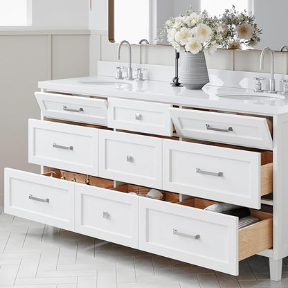 ARIEL Monroe 72-inch Bathroom Vanity with Sink,Solid Wood, 1.5-inch Pure White Quartz Countertop & Backsplash, Double Rectangular Porcelain Sink, 9 Dovetail Drawers, Brushed Nickel, White