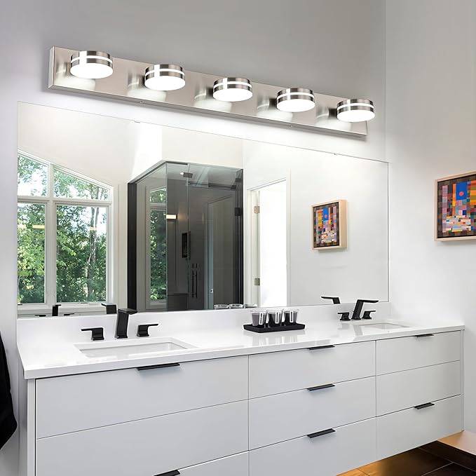 Brushed Nickel Bathroom Light Fixtures Over Mirror, 5-Light Bathroom Vanity Light, LED Dimmable Bath Lights, Modern Dimmable Vanity Lighting with Rotating Lamp Head, 5500K