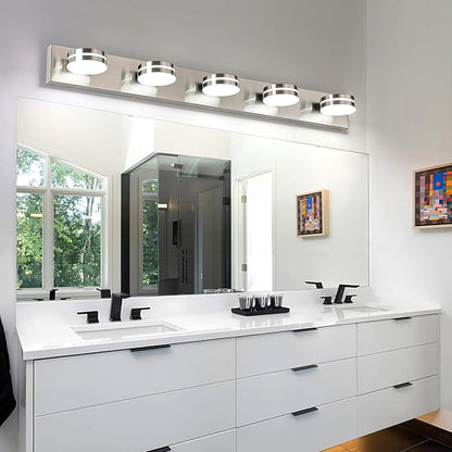 Brushed Nickel Bathroom Light Fixtures Over Mirror, 5-Light Bathroom Vanity Light, LED Dimmable Bath Lights, Modern Dimmable Vanity Lighting with Rotating Lamp Head, 5500K