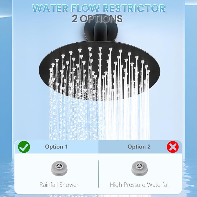 8 Inch Matte Black Round Rainfall Shower Head, All Metal Stainless Steel Rain Shower Heads with 90 Anti-Clog Silicone Nozzles, Wall or Ceiling Mount
