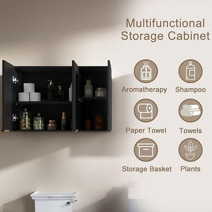 ChooChoo Bathroom Wall Cabinet, Laundry Room Cabinet with 3 Fluted Doors | Kitchen Storage Cupboard Cabinet with Adjustable Shelf, Fluted Wall-Mounted Medicine Cabinet for Kitchen, Garage, Black