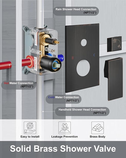 Aolemi Shower System with Rain Head and Handheld,10-Inch,Oil Rubbed Bronze | High-Pressure Shower Faucet Set with Dual-Function Handheld,Rough-In Valve,1.8 GPM,Ceiling Mount Trim Kit