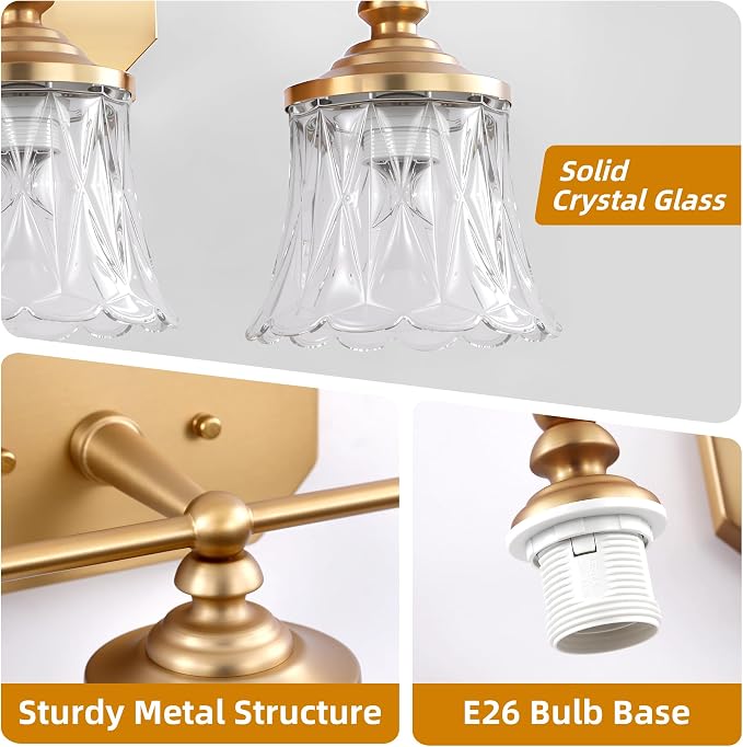 Vintage 3-Light Gold Bathroom Vanity Light, Crystal Glass Shade | Antique Style, Brushed Gold Finish, Rust-resistant Metal, E26 Base, Over Mirror Wall Lighting for Bathroom Restroom