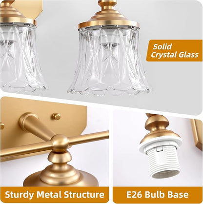 Vintage 3-Light Gold Bathroom Vanity Light, Crystal Glass Shade | Antique Style, Brushed Gold Finish, Rust-resistant Metal, E26 Base, Over Mirror Wall Lighting for Bathroom Restroom