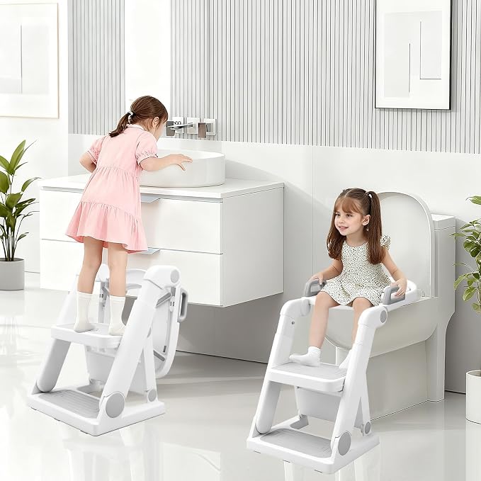 Potty Training Seat with Step Ladder for Kids Boy Girl, Grey | No Assembly Required, Toddler Toilet Training, Foldable Non-Slip Steps, Splash Guard, 2-in-1, Adjustable, Potty Ladder Chair