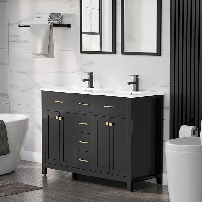 LUCKWIND 48" Bathroom Vanity with Sink Combo, Painted Modern Bathroom Storage Cabinet with Double Resin Sink, Four Doors and Three Drawers, Include Faucet Without Mirror, Black