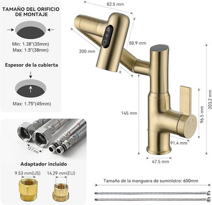 Lefton Bathroom Rotatable Faucet with Tempratrue Display in Celsius (Batteries-Free) & 3 Water Modes, BF2204-6C (Brushed Gold-Celsius)
